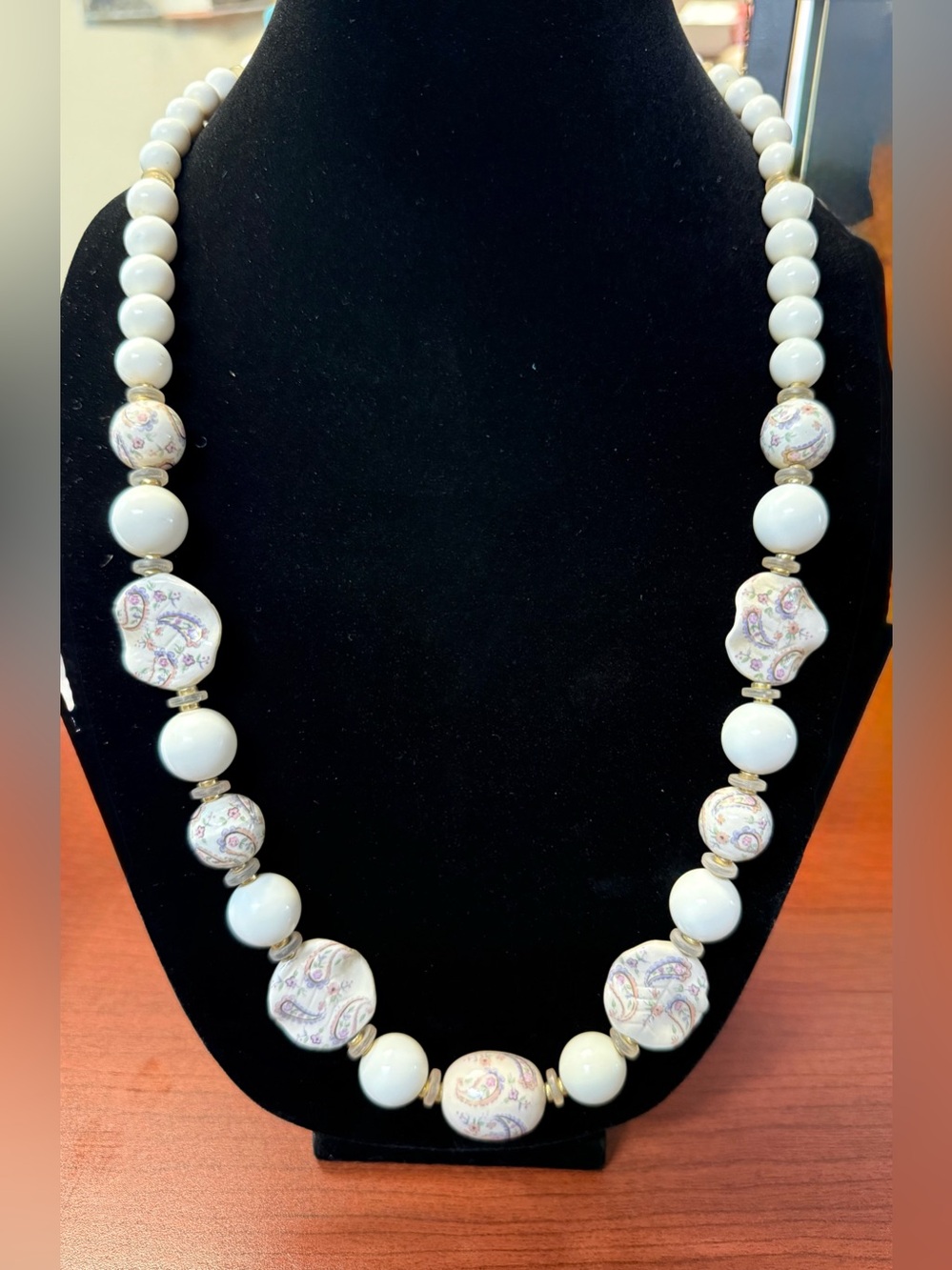 Vintage White Hand Painted Pastel Paisley Beaded Necklace